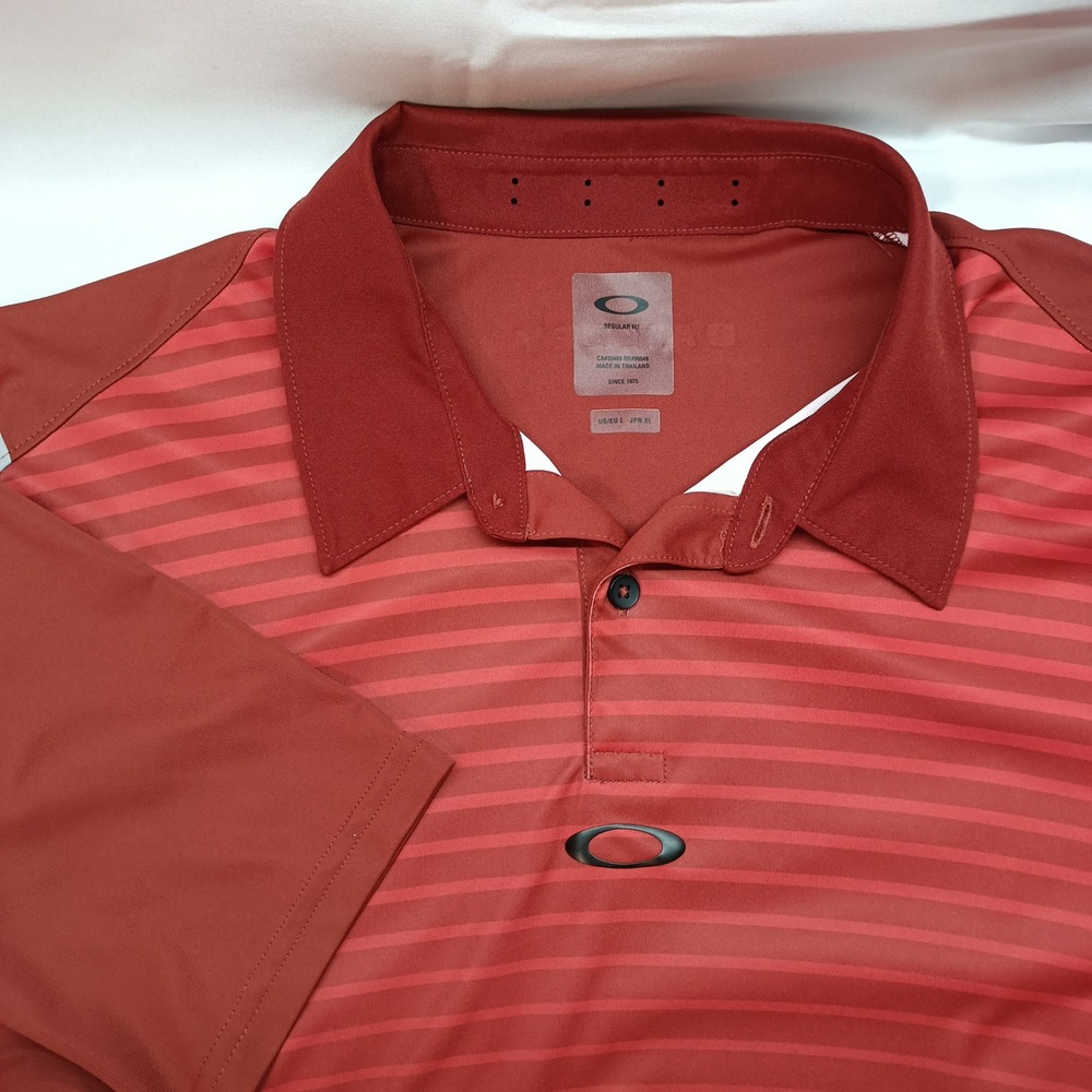 Oakley Mens L Ellipse Red Striped Golf‎ Polo Shirt Regular Fit Short Sleeve Logo